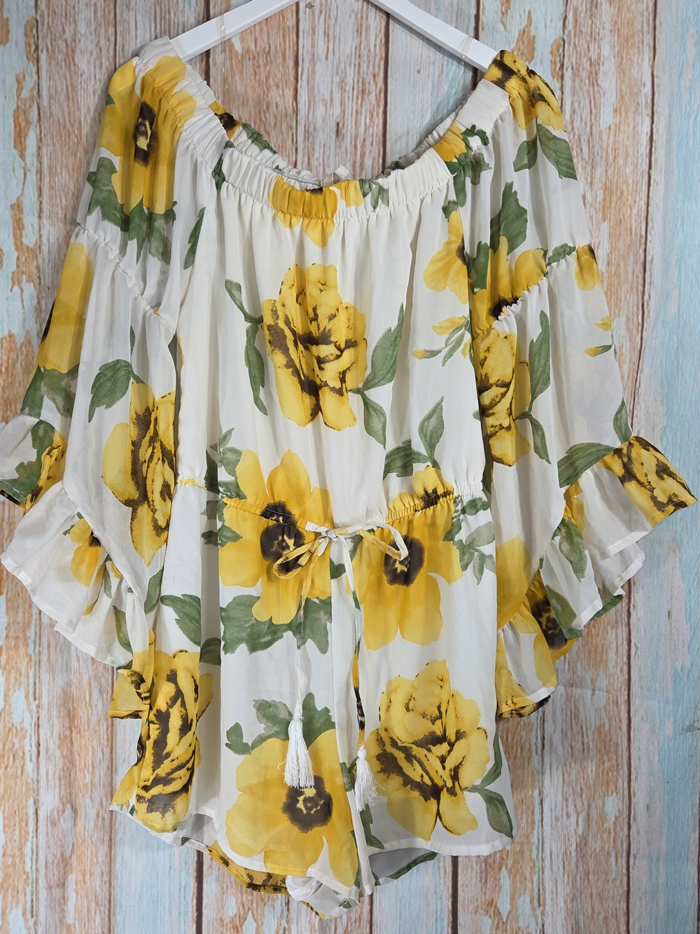Blush Women’s Off-Shoulder Floral Skort/jumper - Yellow Floral on White. Size L